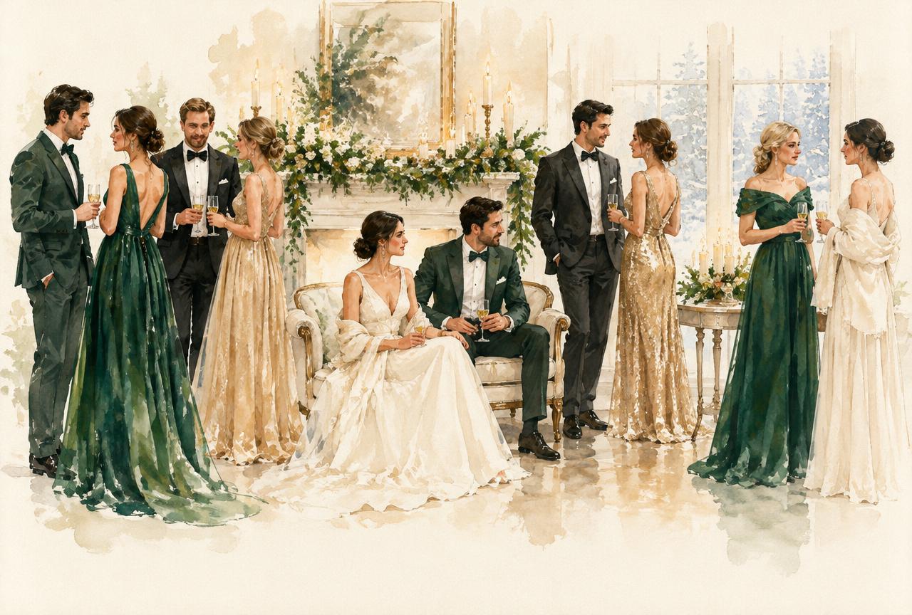 Guests dressed in emerald, champagne gold and ivory