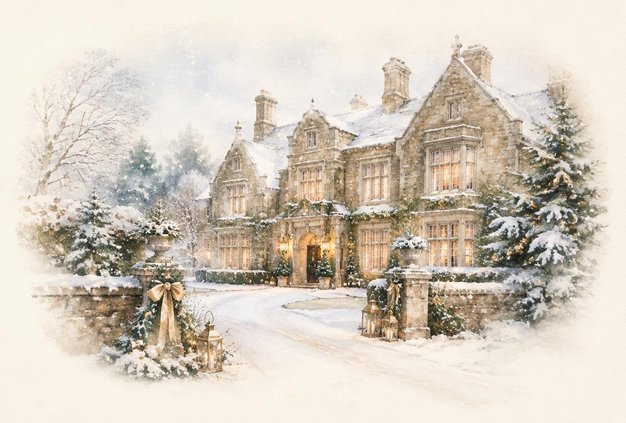Watercolour of the venue under snowfall